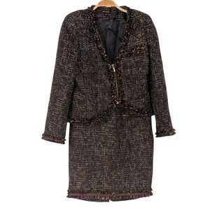 Pedro del Hierro Tweed Skirt Suit Set Zip Jacket Fringe Trim Sz.40 8/10